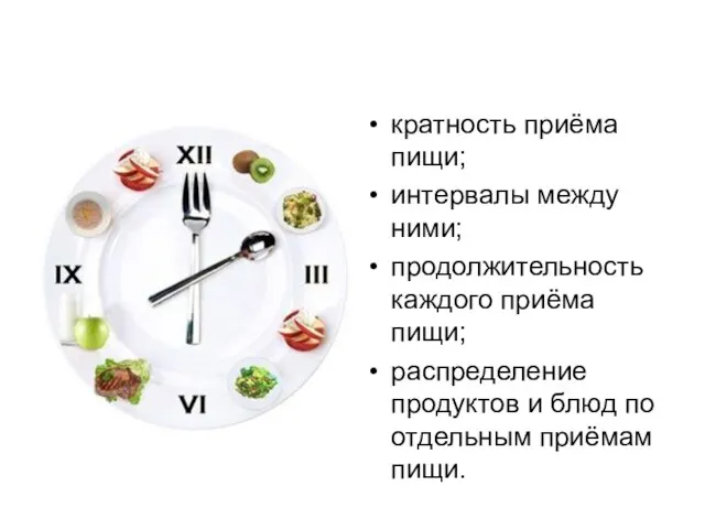 кратность приёма пищи; интервалы между ними; продолжительность каждого приёма пищи; распределение продуктов и