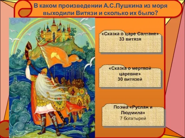 В каком произведении А.С.Пушкина из моря выходили Витязи и сколько