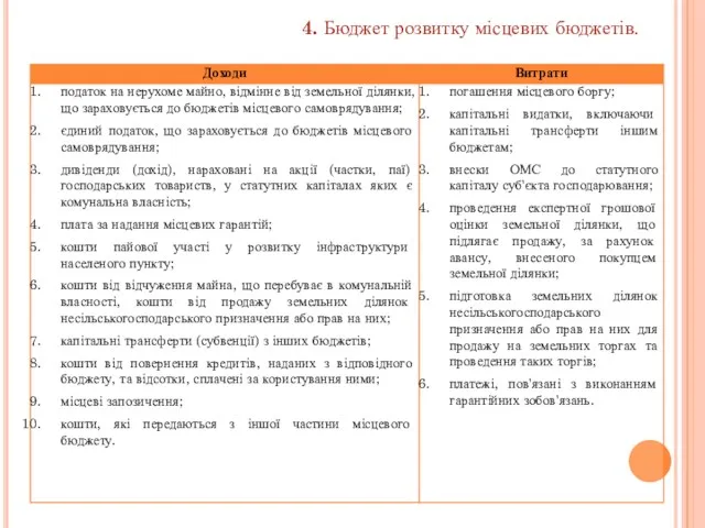 4. Бюджет розвитку місцевих бюджетів.