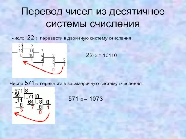 Перевод чисел из десятичное системы счисления Число 2210 перевести в