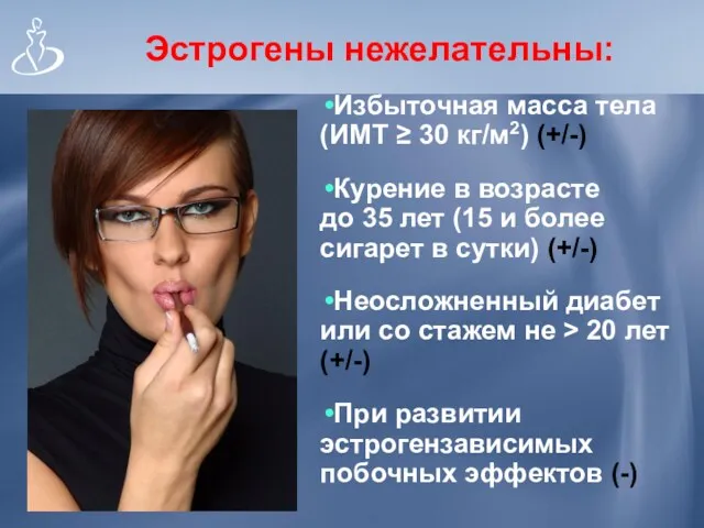 Эстрогены нежелательны: Избыточная масса тела (ИМТ ≥ 30 кг/м2) (+/-)