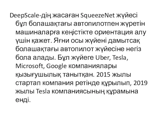 DeepScale-дің жасаған SqueezeNet жүйесі бұл болашақтағы автопилотпен жүретін машиналарға кеңістікте