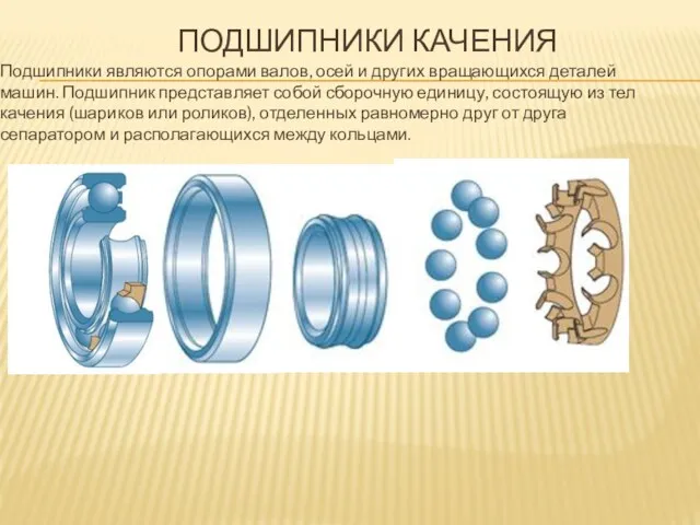 ПОДШИПНИКИ КАЧЕНИЯ Подшипники являются опорами валов, осей и других вращающихся