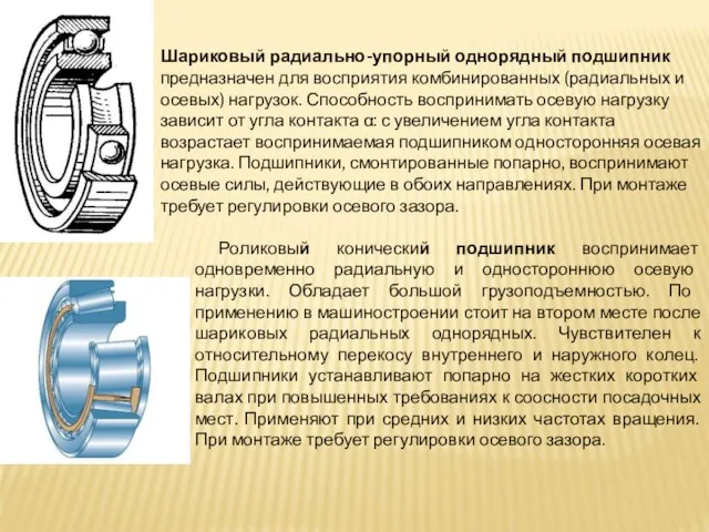 Шариковый радиально-упорный однорядный подшипник предназначен для восприятия комбинированных (радиальных и