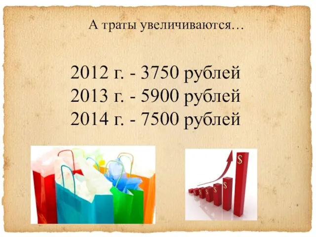 А траты увеличиваются… 2012 г. - 3750 рублей 2013 г. - 5900 рублей