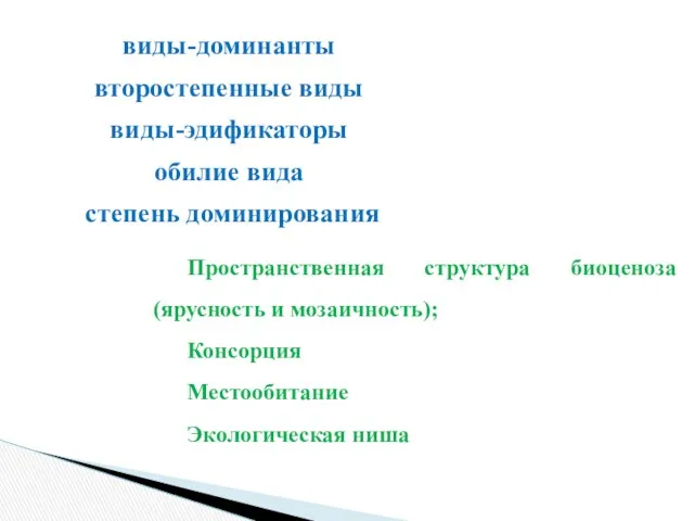 виды-доминанты второстепенные виды виды-эдификаторы обилие вида степень доминирования Пространственная структура