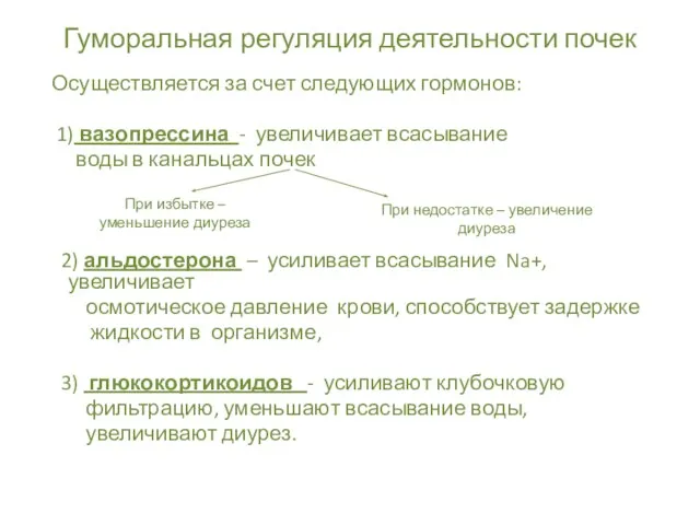 Гуморальная регуляция деятельности почек Осуществляется за счет следующих гормонов: 1)