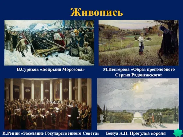 Живопись В.Суриков «Боярыня Морозова» И.Репин «Заседание Государственного Совета» М.Нестерова «Образ преподобного Сергия Радонежского»