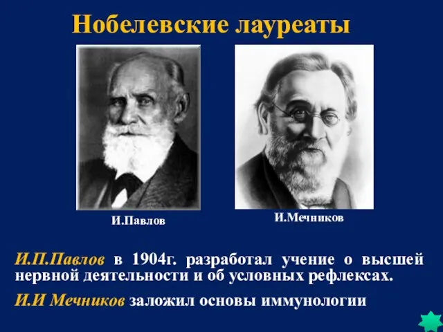 Нобелевские лауреаты И.Мечников И.Павлов И.П.Павлов в 1904г. разработал учение о высшей нервной деятельности