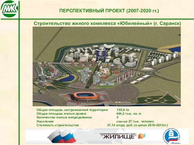 Строительство жилого комплекса «Юбилейный» (г. Саранск) Общая площадь застраиваемой территории 135,0 га Общая