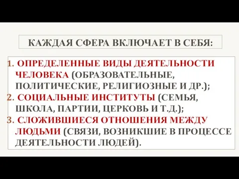 КАЖДАЯ СФЕРА ВКЛЮЧАЕТ В СЕБЯ: ОПРЕДЕЛЕННЫЕ ВИДЫ ДЕЯТЕЛЬНОСТИ ЧЕЛОВЕКА (ОБРАЗОВАТЕЛЬНЫЕ,