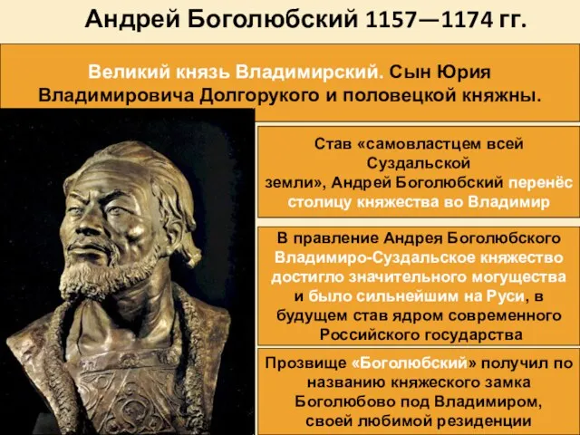 16.02.2019 Андрей Боголюбский 1157—1174 гг. Великий князь Владимирский. Сын Юрия