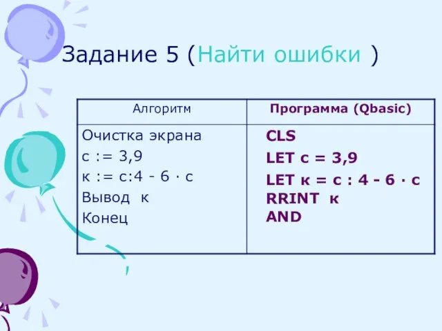 Задание 5 (Найти ошибки ) CLS LET с = 3,9