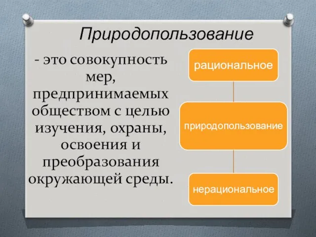 - это совокупность мер, предпринимаемых обществом с целью изучения, охраны, освоения и преобразования окружающей среды. Природопользование