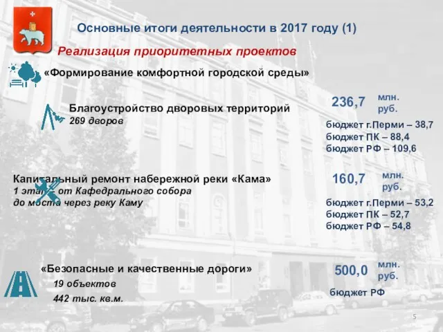 Основные итоги деятельности в 2017 году (1) Реализация приоритетных проектов