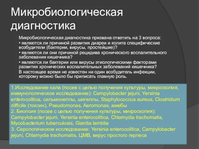 Микробиологическая диагностика Микробиологическая диагностика призвана ответить на 3 вопроса: •