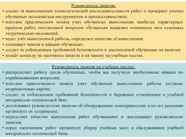 Руководитель занятия: следит за выполнением технологической последовательности работ и проверяет