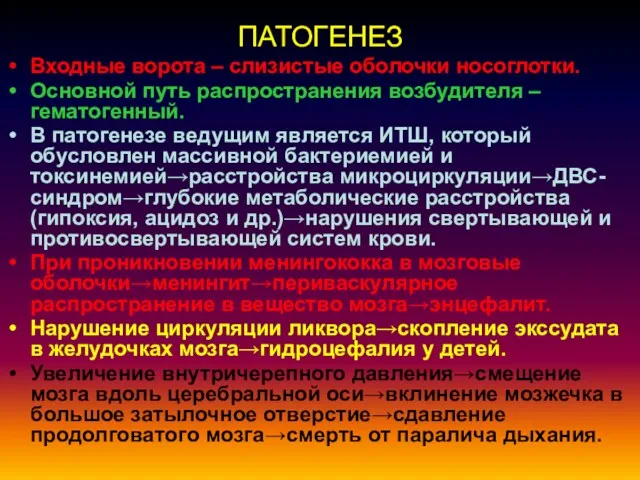 ПАТОГЕНЕЗ Входные ворота – слизистые оболочки носоглотки. Основной путь распространения возбудителя – гематогенный.