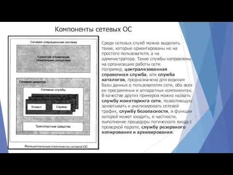 Компоненты сетевых ОС Среди сетевых служб можно выделить такие, которые