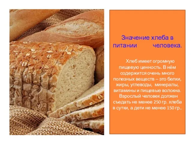 Значение хлеба в питании человека. Хлеб имеет огромную пищевую ценность.