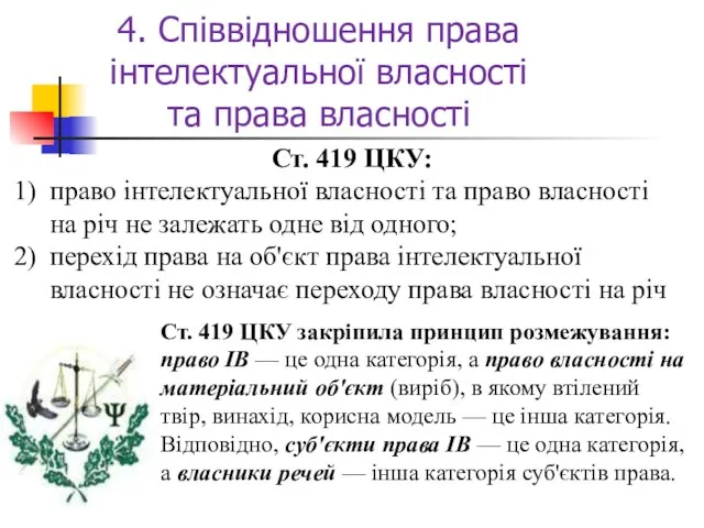 4. Співвідношення права інтелектуальної власності та права власності Ст. 419