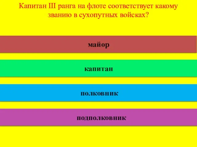 Капитан III ранга на флоте соответствует какому званию в сухопутных войсках? майор капитан полковник подполковник