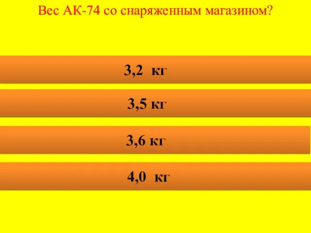 Вес АК-74 со снаряженным магазином? 3,2 кг 3,5 кг 3,6 кг 4,0 кг