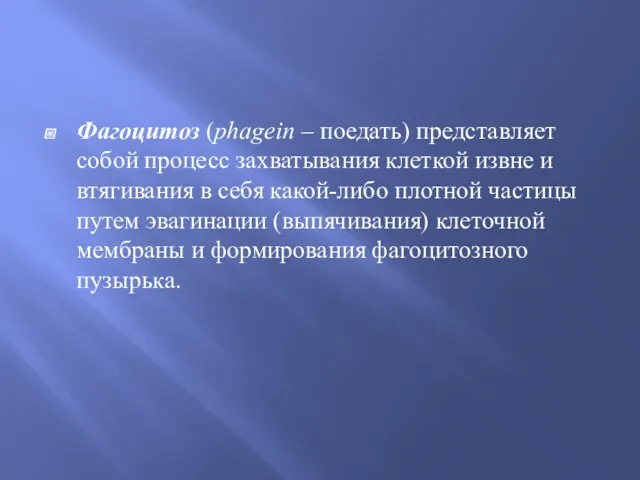 Фагоцитоз (phagein – поедать) представляет собой процесс захватывания клеткой извне