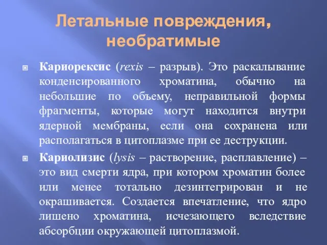 Летальные повреждения, необратимые Кариорексис (rexis – разрыв). Это раскалывание конденсированного