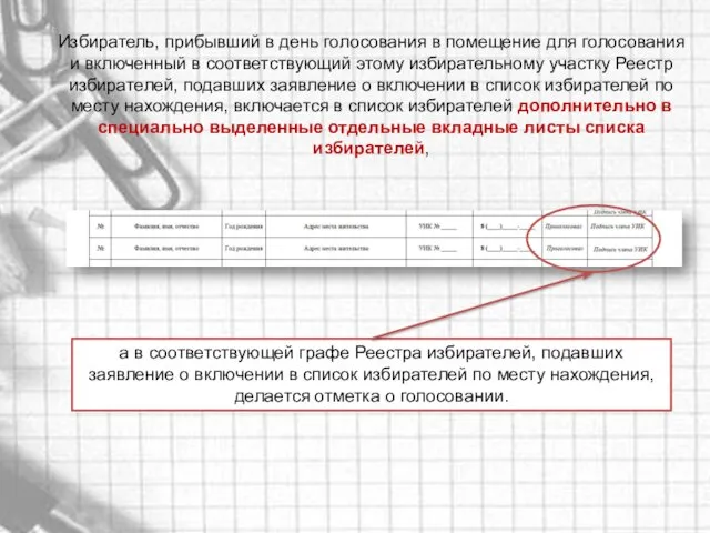 Избиратель, прибывший в день голосования в помещение для голосования и включенный в соответствующий