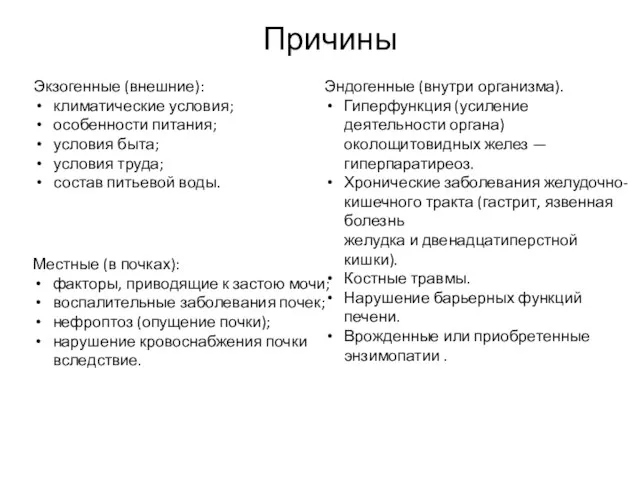 Причины Экзогенные (внешние): климатические условия; особенности питания; условия быта; условия