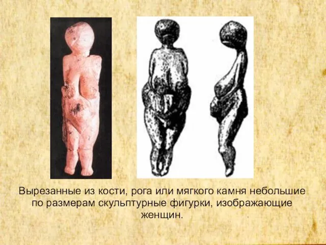 Вырезанные из кости, рога или мягкого камня небольшие по размерам скульптурные фигурки, изображающие женщин.