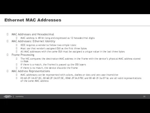Ethernet MAC Addresses MAC Addresses and Hexadecimal MAC address is 48-bit long and