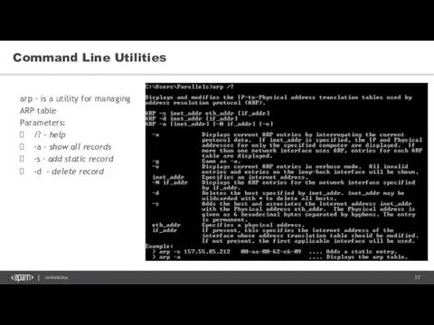 Command Line Utilities arp - is a utility for managing ARP table Parameters: