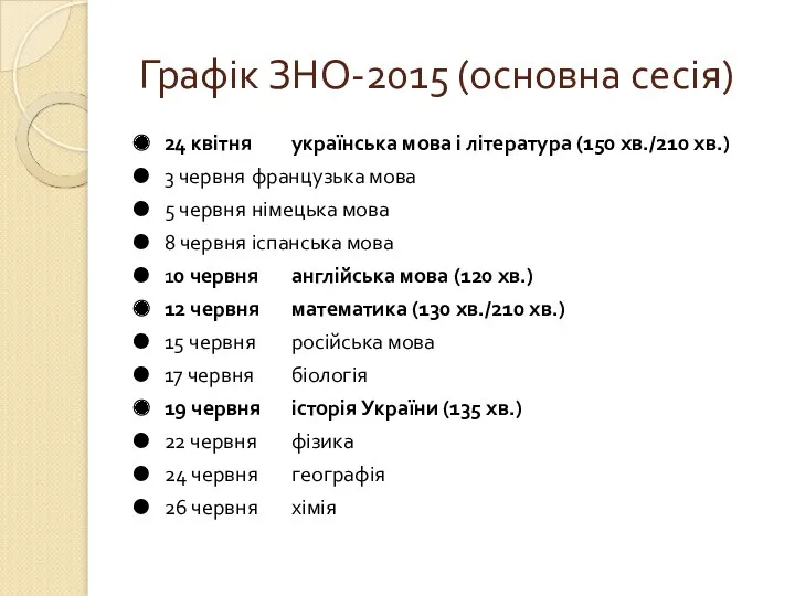 Графік ЗНО-2015 (основна сесія) 24 квітня українська мова і література (150 хв./210 хв.)