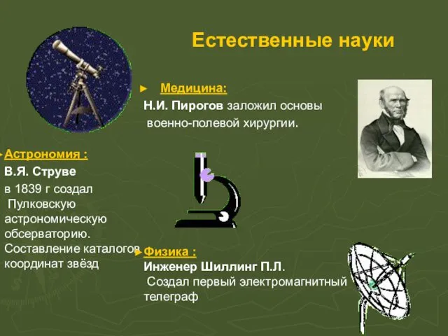 Естественные науки Медицина: Н.И. Пирогов заложил основы военно-полевой хирургии. Астрономия : В.Я. Струве