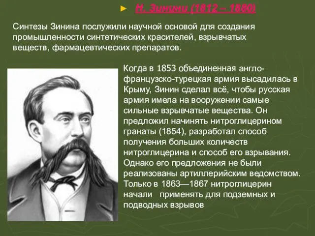 Н. Зинини (1812 – 1880) Синтезы Зинина послужили научной основой для создания промышленности