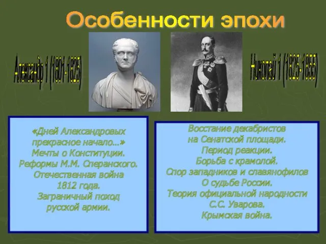 Особенности эпохи Александр 1 (1801-1825) Николай 1 (1825-1855) «Дней Александровых
