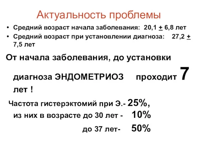 Актуальность проблемы Средний возраст начала заболевания: 20,1 + 6,8 лет