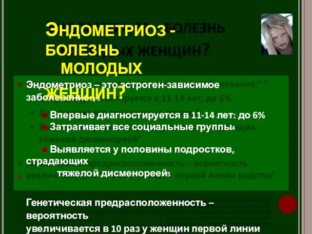 ❖ ❖ Эндометриоз – это эстроген-зависимое заболевание:1-3 ⚫ Впервые диагностируется