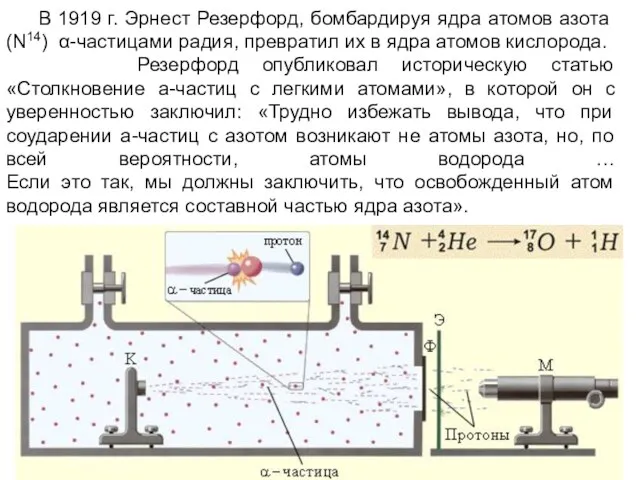 В 1919 г. Эрнест Резерфорд, бомбардируя ядра атомов азота (N14)