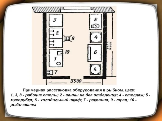 Примерная расстановка оборудования в рыбном. цехе: 1, 3, 8 -