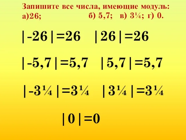 Запишите все числа, имеющие модуль: а)26; |-26|=26 |26|=26 б) 5,7;