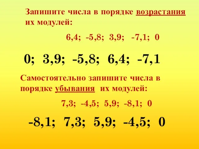 Запишите числа в порядке возрастания их модулей: 6,4; -5,8; 3,9;