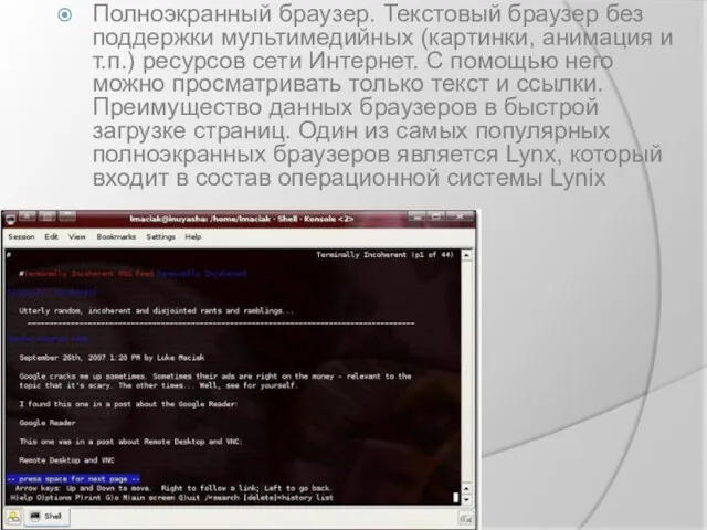 Полноэкранный браузер. Текстовый браузер без поддержки мультимедийных (картинки, анимация и