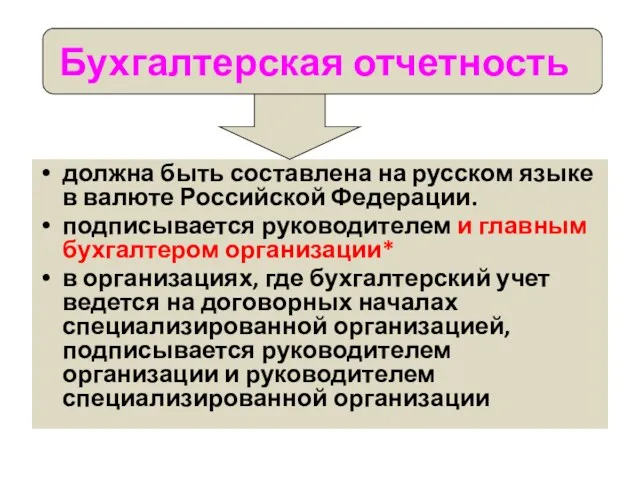 Бухгалтерская отчетность должна быть составлена на русском языке в валюте Российской Федерации. подписывается