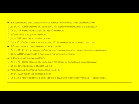 3. В процессе реализации списывается первоначальная стоимость НМ Дт сч.