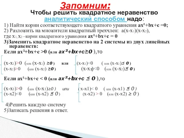 Запомним: Чтобы решить квадратное неравенство аналитический способом надо: 1) Найти