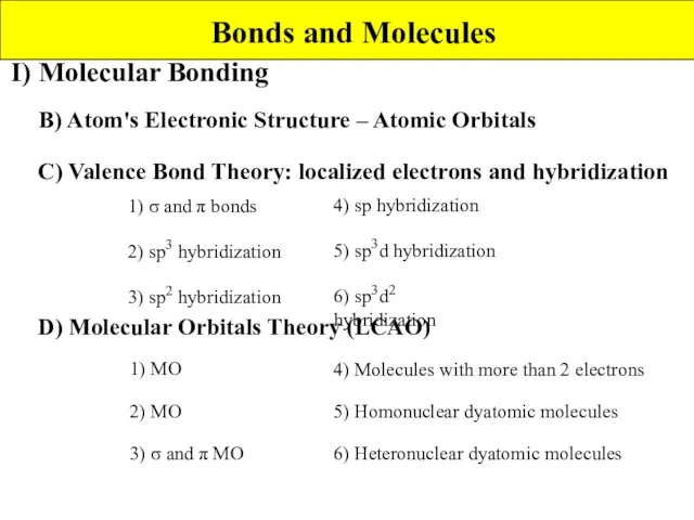 I) Molecular Bonding B) Atom's Electronic Structure – Atomic Orbitals