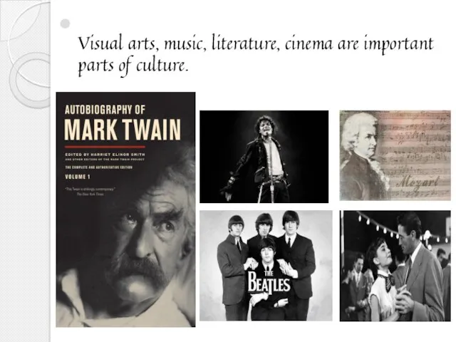 Visual arts, music, literature, cinema are important parts of culture.